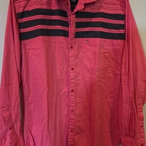 Red Button-Up Shirt with Black Stripes